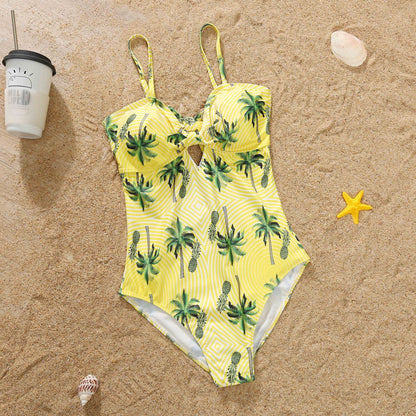Mother Daughter Matching Swimsuits Yellow Tropical Pineapple Tree One Piece Swimwear - ChildAngle