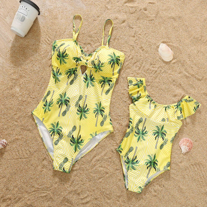 Mother Daughter Matching Swimsuits Yellow Tropical Pineapple Tree One Piece Swimwear - ChildAngle