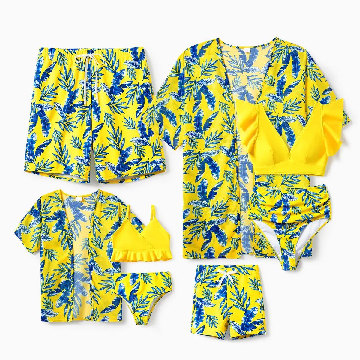 Yellow Tropical Ruffle Sleeve Bikini Set with Cover up and Drawstring Tropical Matching Swim Trunks - ChildAngle