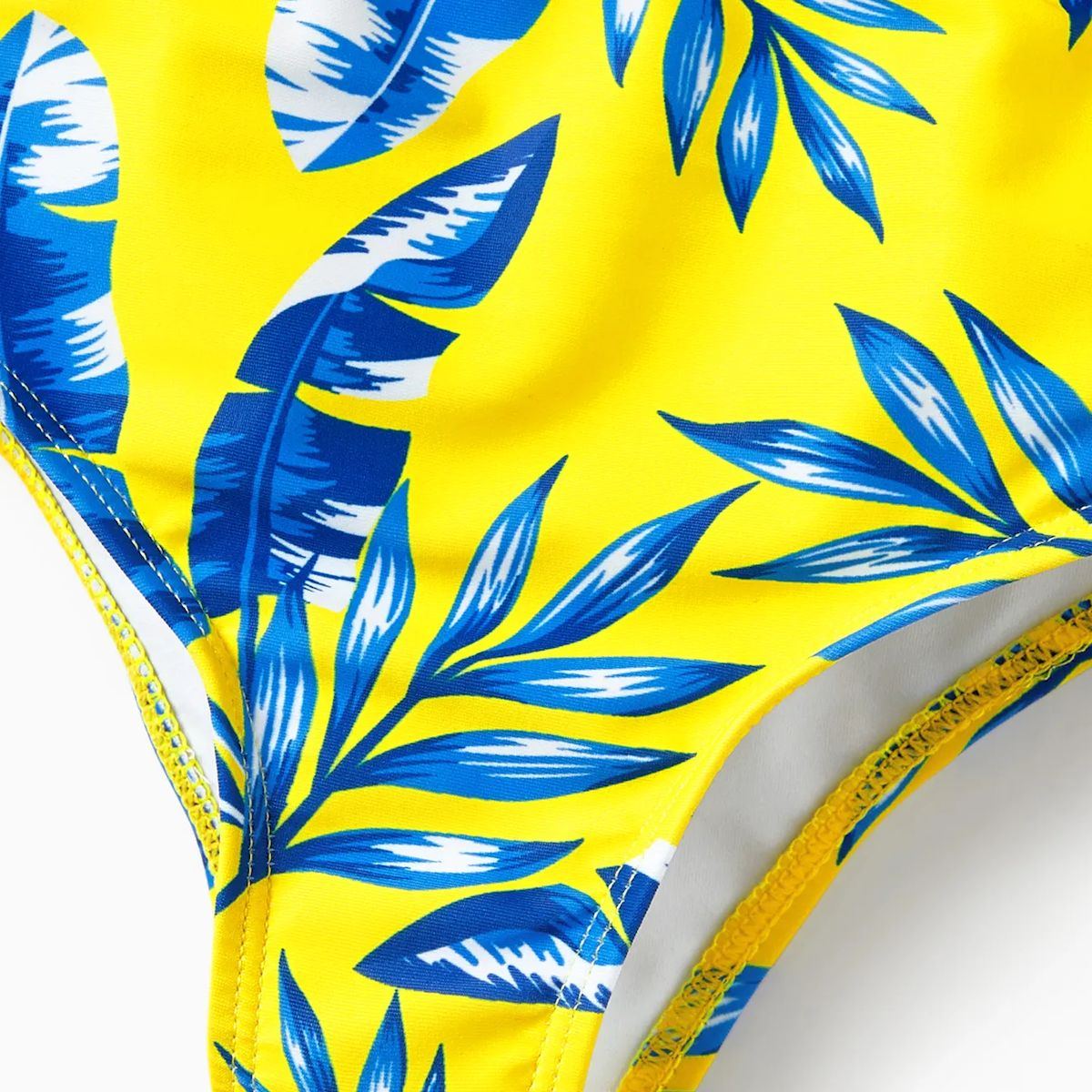 Yellow Tropical Ruffle Sleeve Bikini Set with Cover up and Drawstring Tropical Matching Swim Trunks - ChildAngle