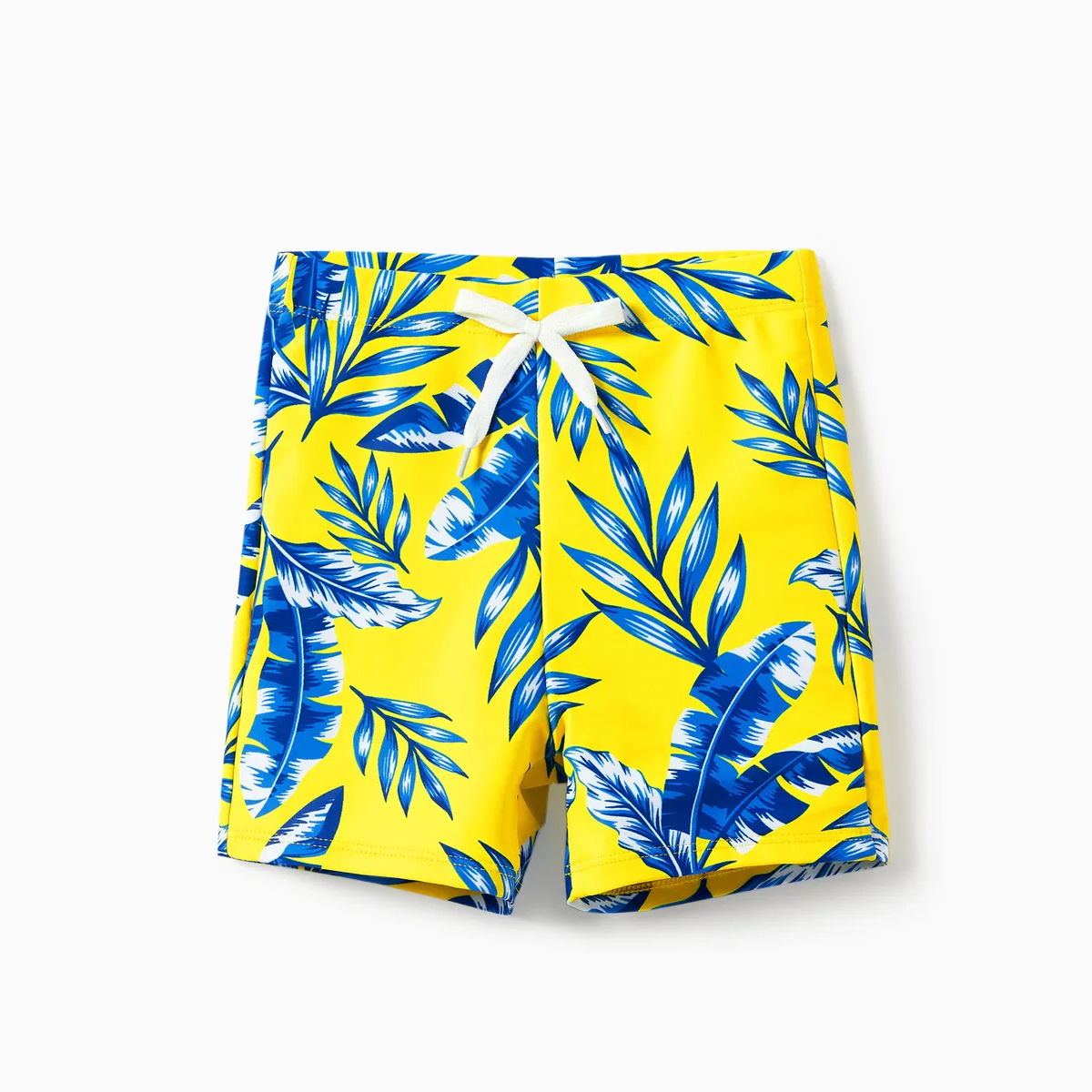 Yellow Tropical Ruffle Sleeve Bikini Set with Cover up and Drawstring Tropical Matching Swim Trunks - ChildAngle