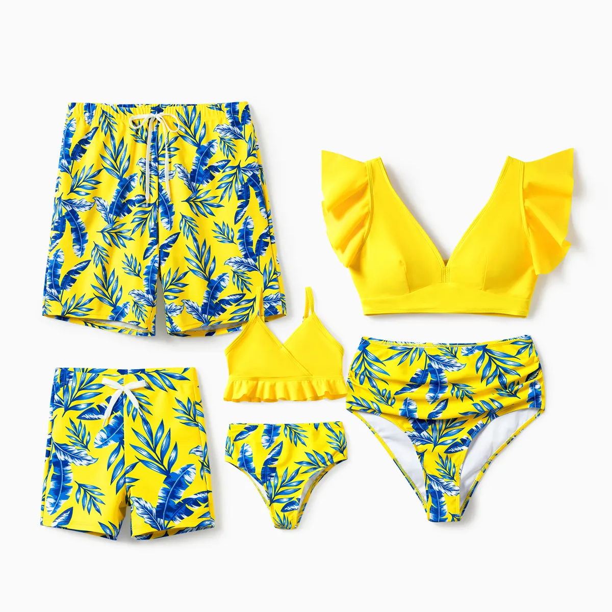 Yellow Tropical Ruffle Sleeve Bikini Set with Cover up and Drawstring Tropical Matching Swim Trunks - ChildAngle