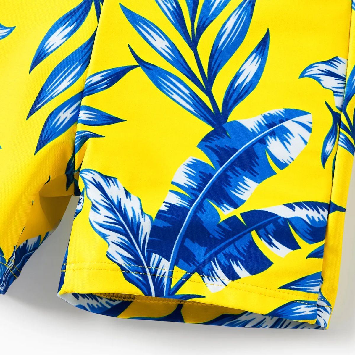 Yellow Tropical Ruffle Sleeve Bikini Set with Cover up and Drawstring Tropical Matching Swim Trunks - ChildAngle