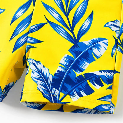 Yellow Tropical Ruffle Sleeve Bikini Set with Cover up and Drawstring Tropical Matching Swim Trunks - ChildAngle