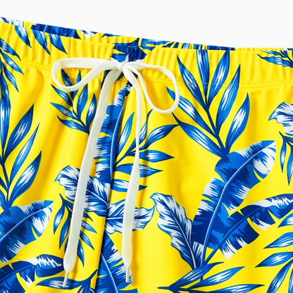 Yellow Tropical Ruffle Sleeve Bikini Set with Cover up and Drawstring Tropical Matching Swim Trunks - ChildAngle