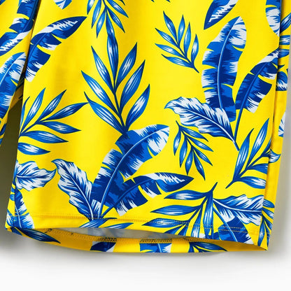 Yellow Tropical Ruffle Sleeve Bikini Set with Cover up and Drawstring Tropical Matching Swim Trunks - ChildAngle