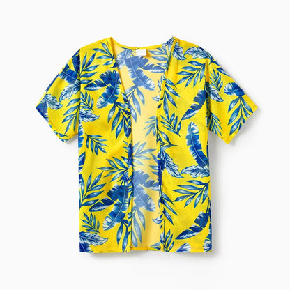 Yellow Tropical Ruffle Sleeve Bikini Set with Cover up and Drawstring Tropical Matching Swim Trunks - ChildAngle