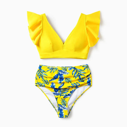 Yellow Tropical Ruffle Sleeve Bikini Set with Cover up and Drawstring Tropical Matching Swim Trunks - ChildAngle