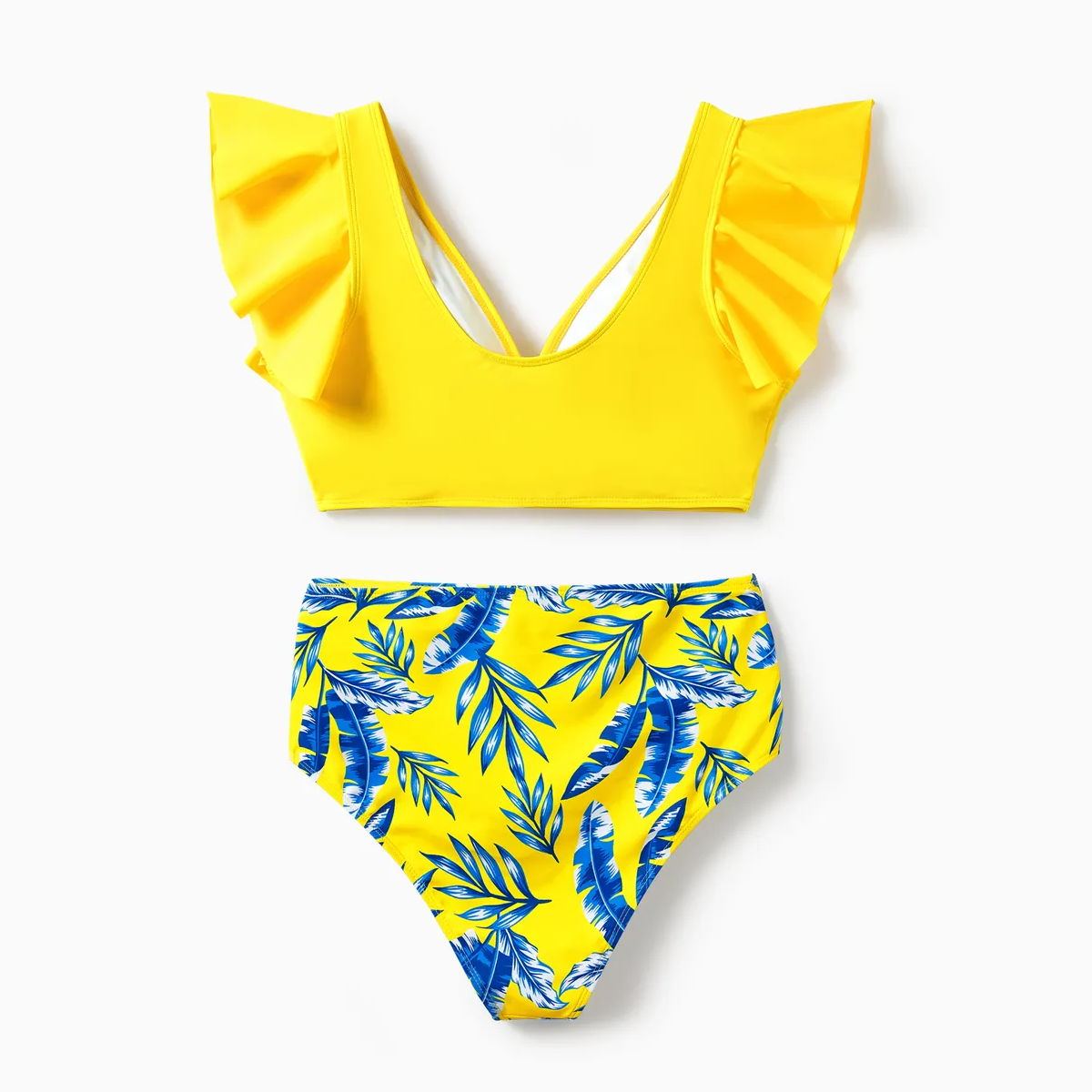 Yellow Tropical Ruffle Sleeve Bikini Set with Cover up and Drawstring Tropical Matching Swim Trunks - ChildAngle
