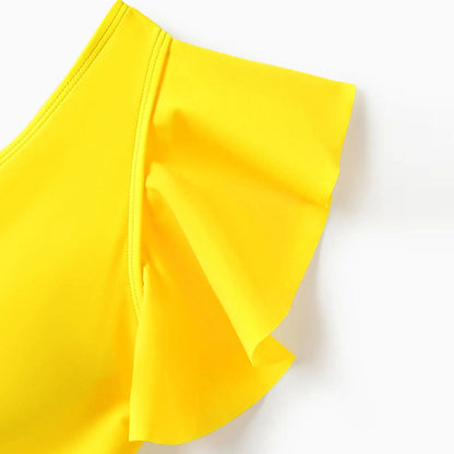 Yellow Tropical Ruffle Sleeve Bikini Set with Cover up and Drawstring Tropical Matching Swim Trunks - ChildAngle