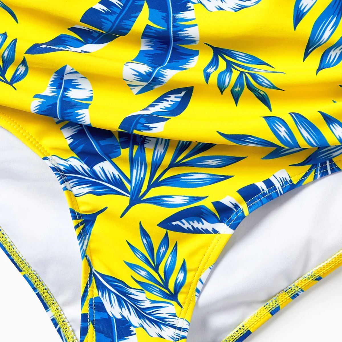 Yellow Tropical Ruffle Sleeve Bikini Set with Cover up and Drawstring Tropical Matching Swim Trunks - ChildAngle