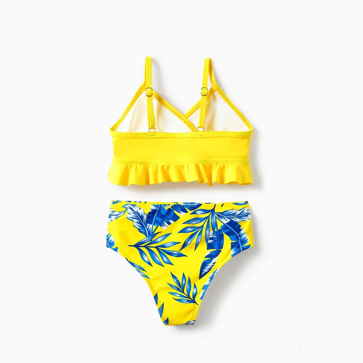Yellow Tropical Ruffle Sleeve Bikini Set with Cover up and Drawstring Tropical Matching Swim Trunks - ChildAngle