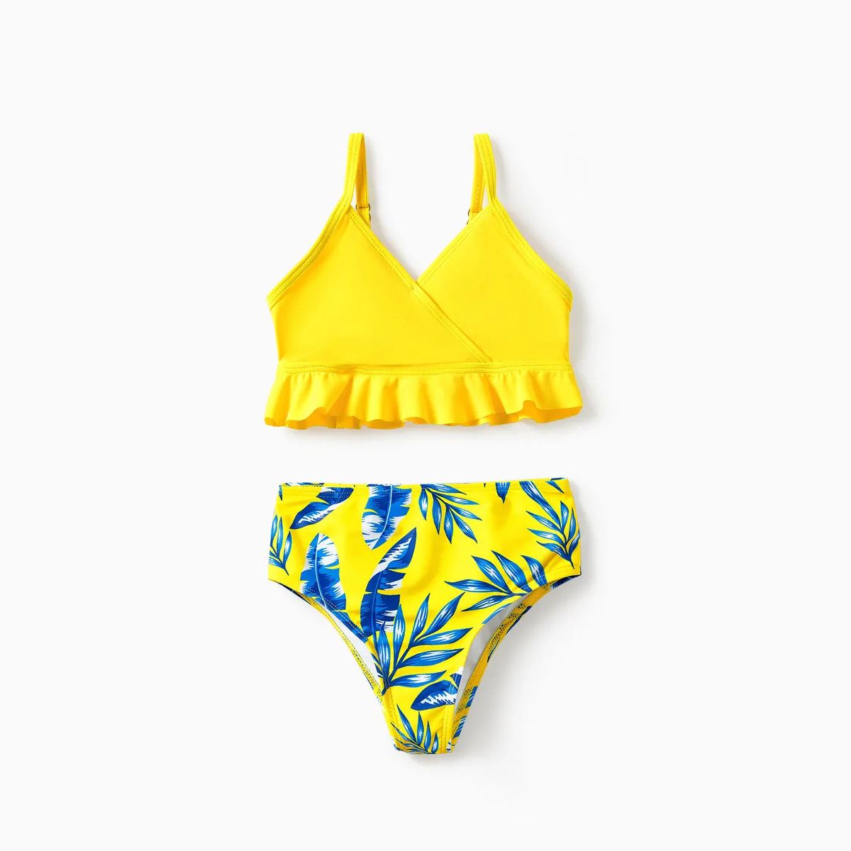 Yellow Tropical Ruffle Sleeve Bikini Set with Cover up and Drawstring Tropical Matching Swim Trunks - ChildAngle