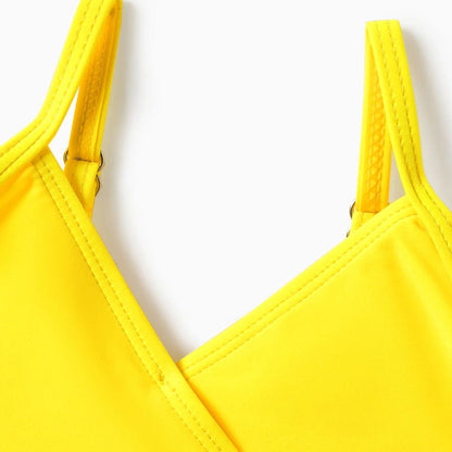 Yellow Tropical Ruffle Sleeve Bikini Set with Cover up and Drawstring Tropical Matching Swim Trunks - ChildAngle