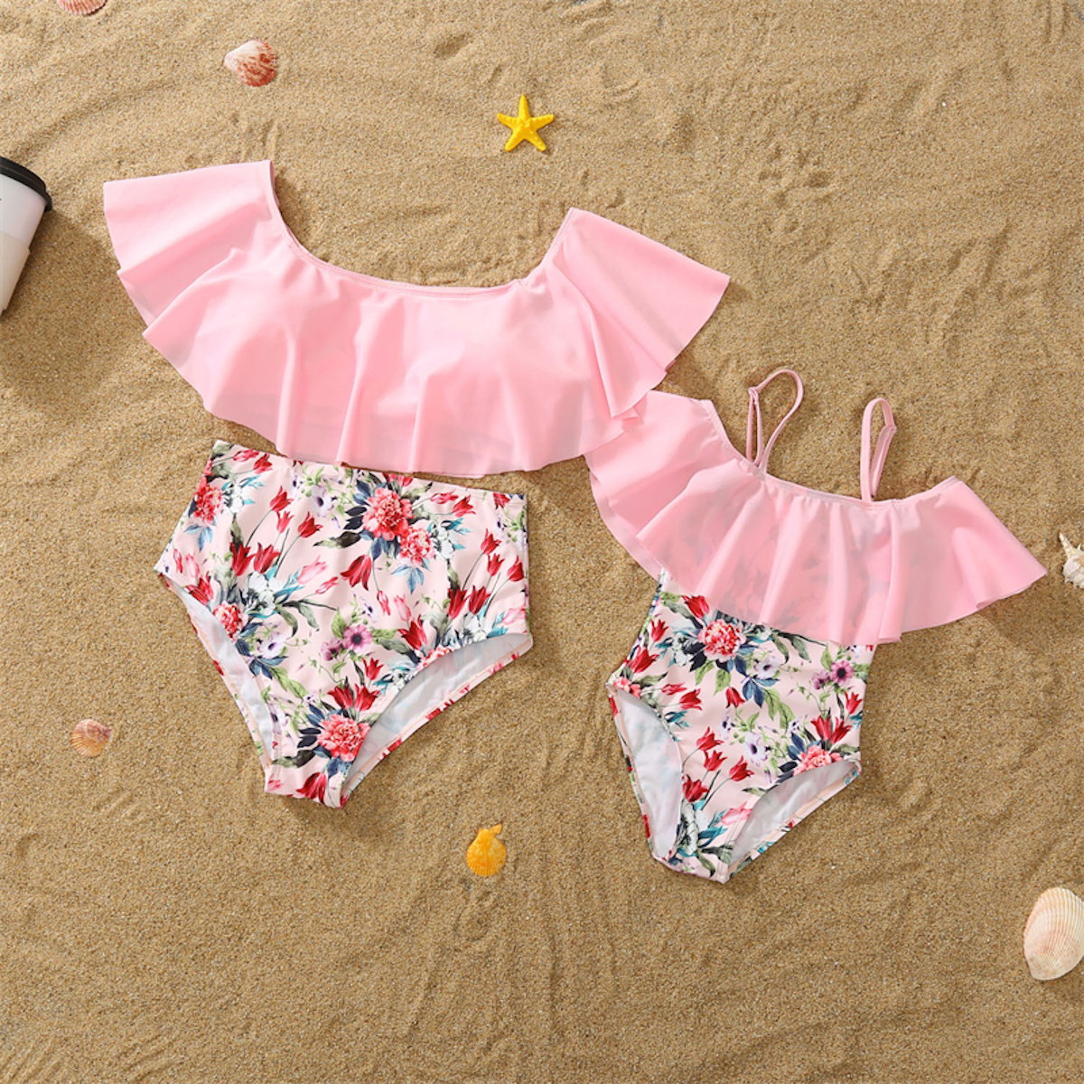 Matching Family Swimsuit Pink Floral Falbala Flower Print Bikini Set Swim Trunks - ChildAngle