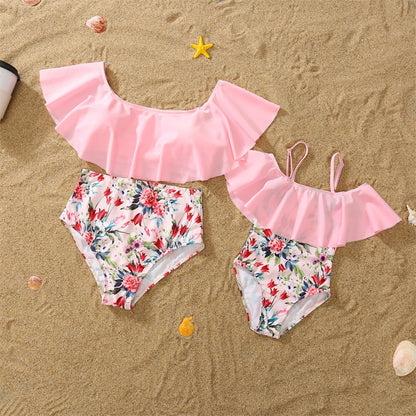 Matching Family Swimsuit Pink Floral Falbala Flower Print Bikini Set Swim Trunks - ChildAngle