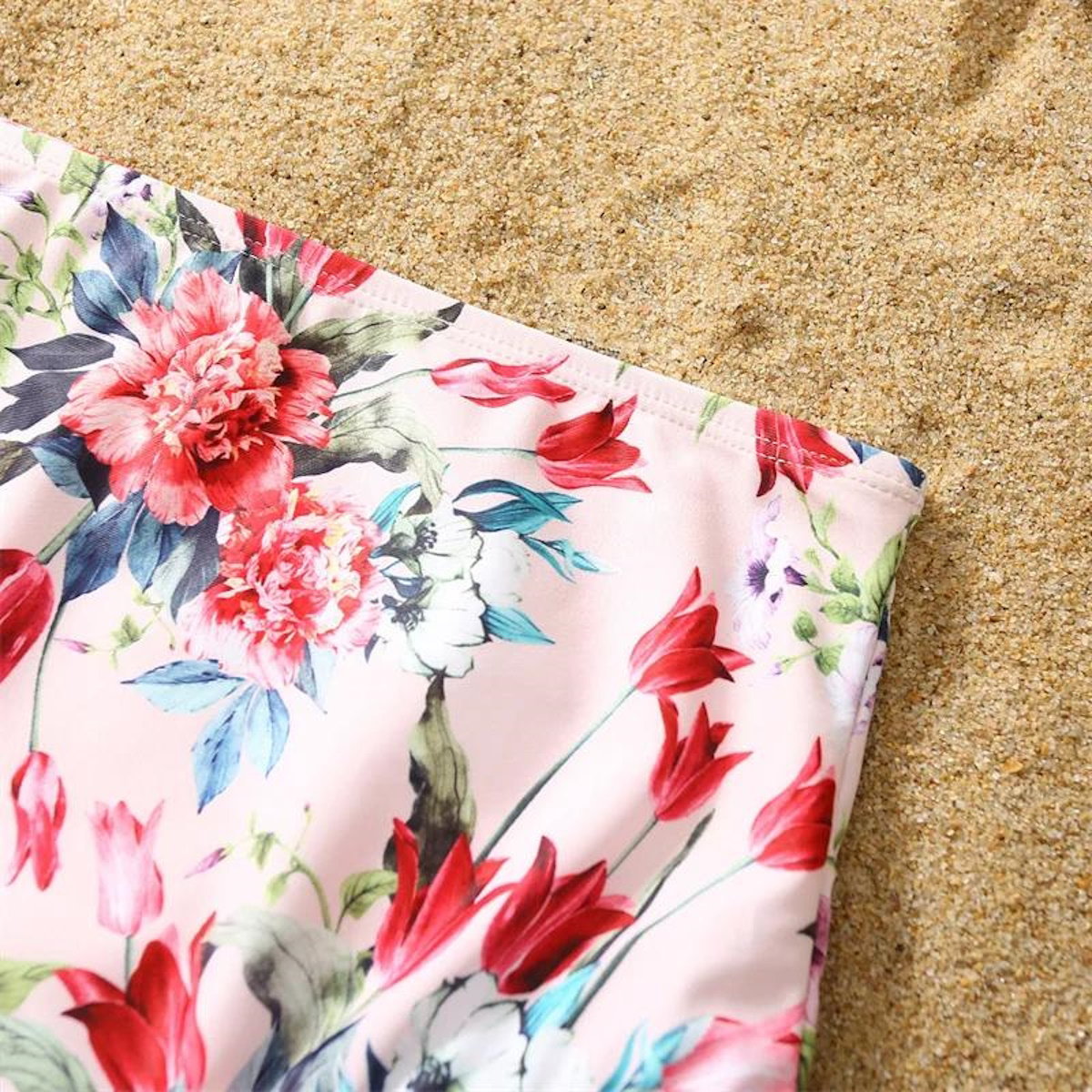 Matching Family Swimsuit Pink Floral Falbala Flower Print Bikini Set Swim Trunks - ChildAngle