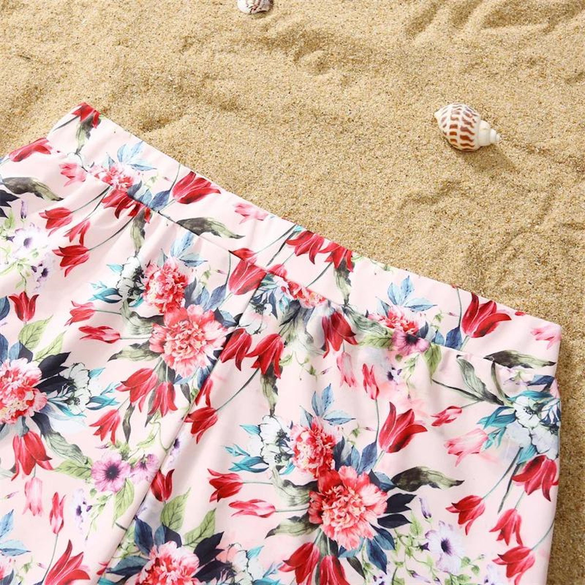 Matching Family Swimsuit Pink Floral Falbala Flower Print Bikini Set Swim Trunks - ChildAngle