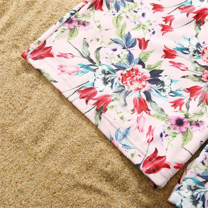 Matching Family Swimsuit Pink Floral Falbala Flower Print Bikini Set Swim Trunks - ChildAngle