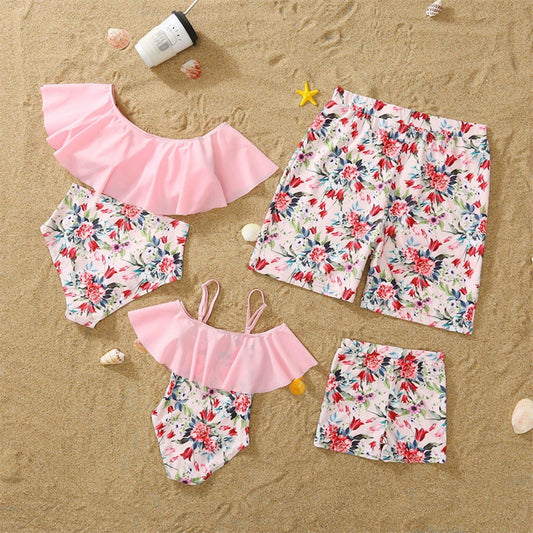 Matching Family Swimsuit Pink Floral Falbala Flower Print Bikini Set Swim Trunks - ChildAngle