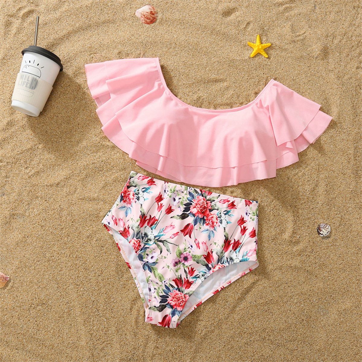 Matching Family Swimsuit Pink Floral Falbala Flower Print Bikini Set Swim Trunks - ChildAngle
