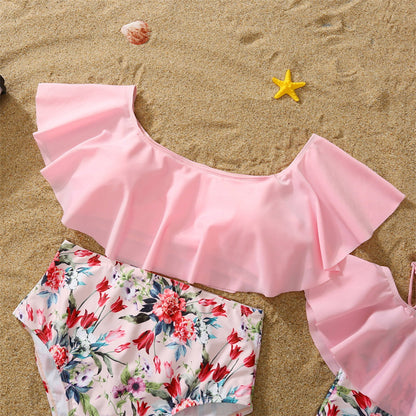 Matching Family Swimsuit Pink Floral Falbala Flower Print Bikini Set Swim Trunks - ChildAngle