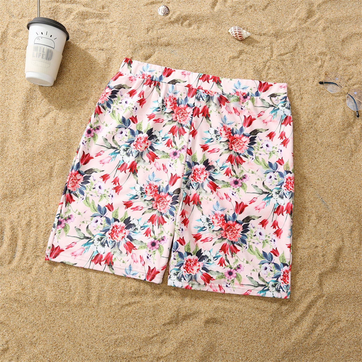 Matching Family Swimsuit Pink Floral Falbala Flower Print Bikini Set Swim Trunks - ChildAngle