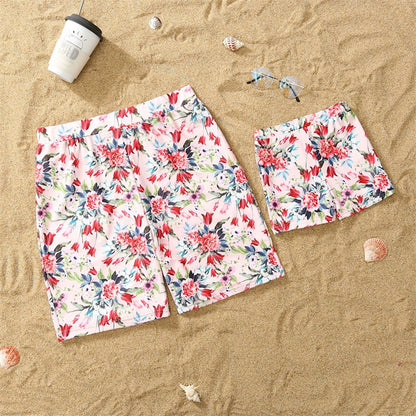Matching Family Swimsuit Pink Floral Falbala Flower Print Bikini Set Swim Trunks - ChildAngle