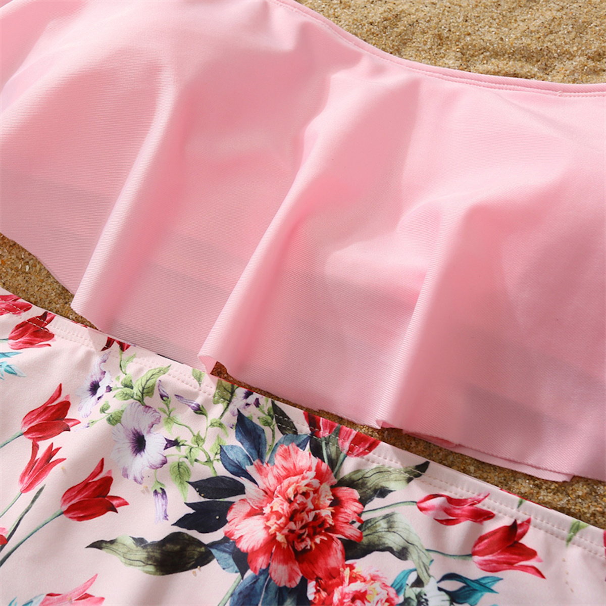 Matching Family Swimsuit Pink Floral Falbala Flower Print Bikini Set Swim Trunks - ChildAngle