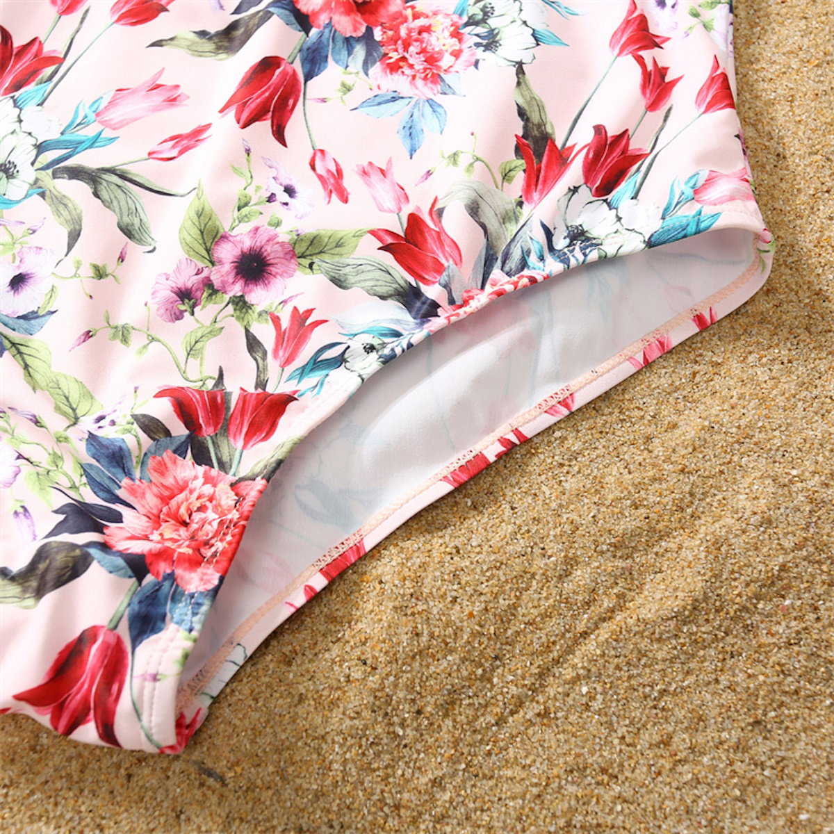 Matching Family Swimsuit Pink Floral Falbala Flower Print Bikini Set Swim Trunks - ChildAngle