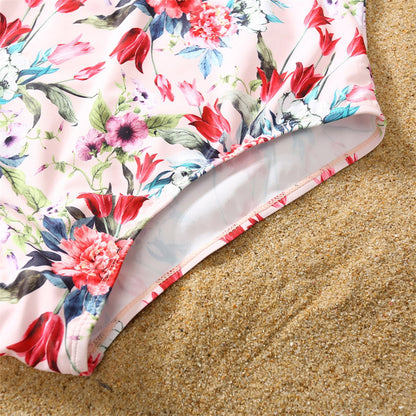 Matching Family Swimsuit Pink Floral Falbala Flower Print Bikini Set Swim Trunks - ChildAngle