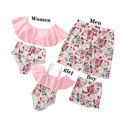 Matching Family Swimsuit Pink Floral Falbala Flower Print Bikini Set Swim Trunks - ChildAngle