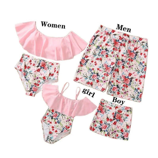 Matching Family Swimsuit Pink Floral Falbala Flower Print Bikini Set Swim Trunks - ChildAngle
