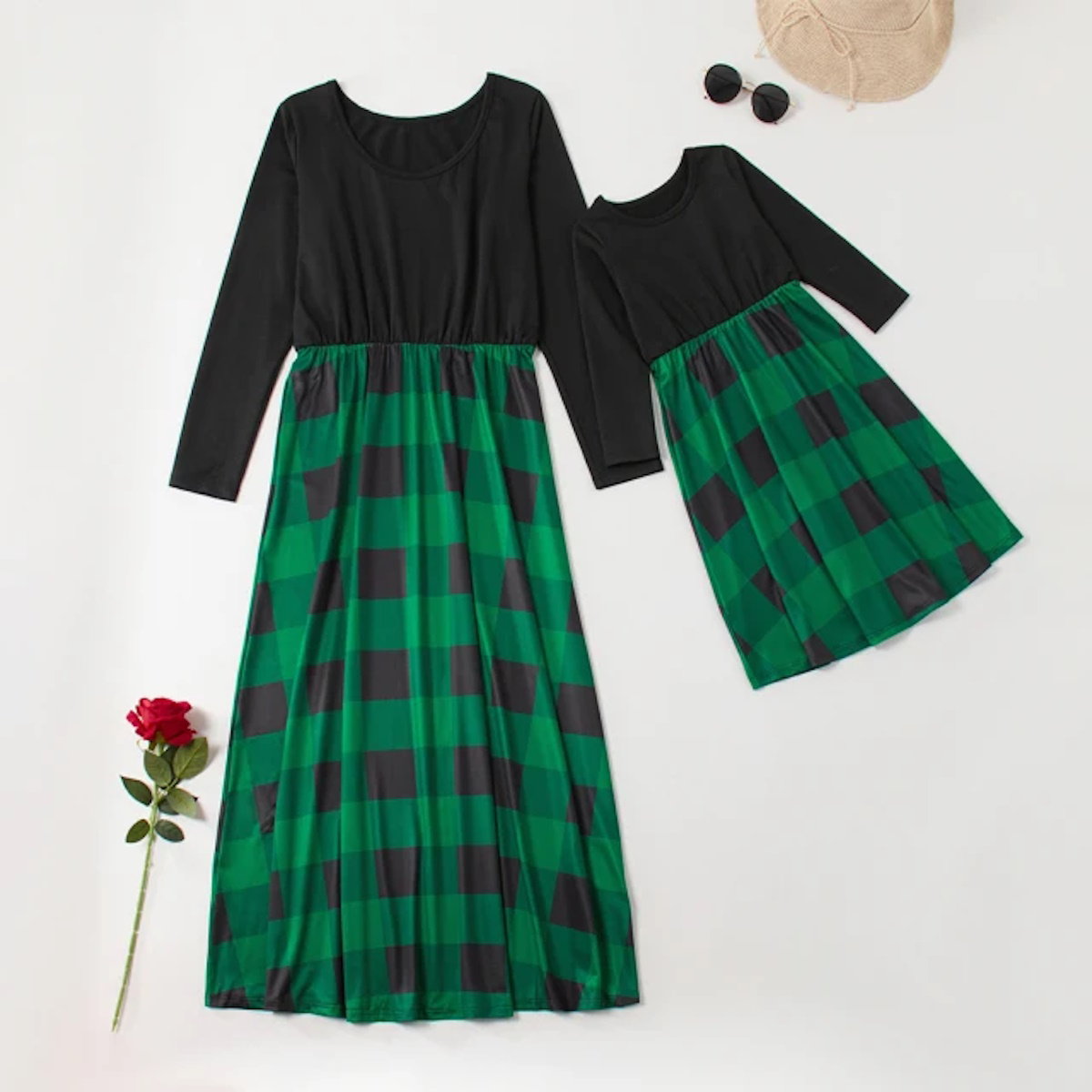 Mom and Daughter Dress Long Sleeve Plaid Maxi Dress Christmas Mommy and Me Dresses - ChildAngle