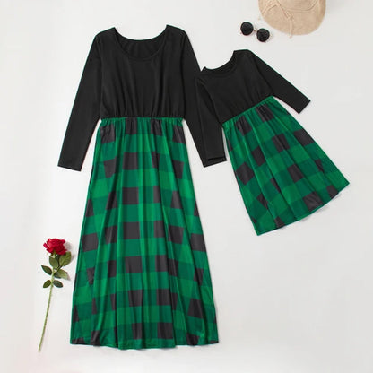 Mom and Daughter Dress Long Sleeve Plaid Maxi Dress Christmas Mommy and Me Dresses - ChildAngle