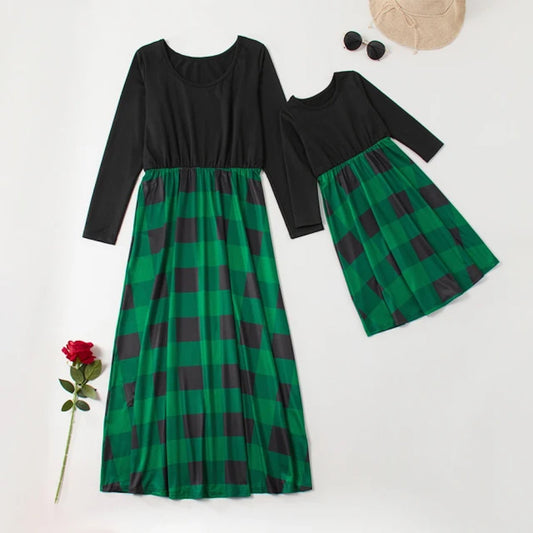 Mom and Daughter Dress Long Sleeve Plaid Maxi Dress Christmas Mommy and Me Dresses - ChildAngle