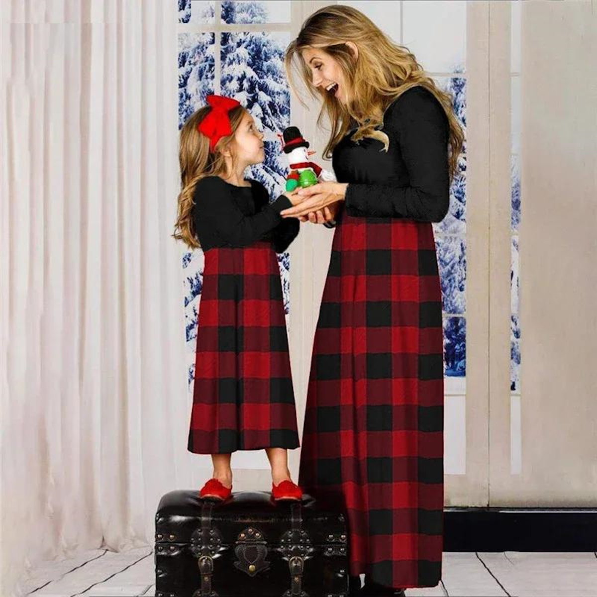 Mom and Daughter Dress Long Sleeve Plaid Maxi Dress Christmas Mommy and Me Dresses - ChildAngle