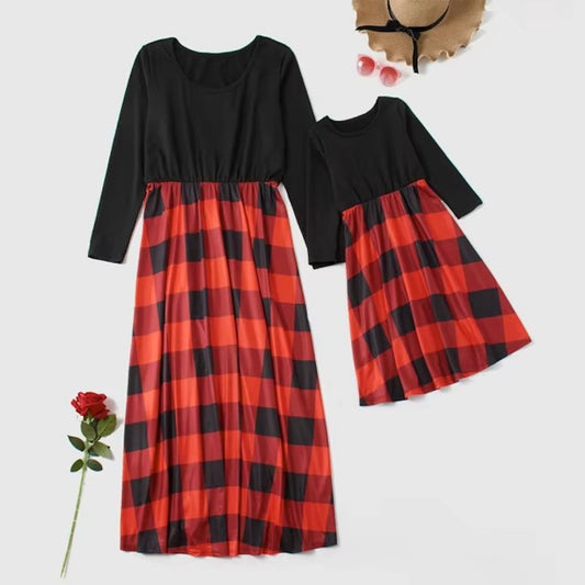 Mom and Daughter Dress Long Sleeve Plaid Maxi Dress Christmas Mommy and Me Dresses - ChildAngle