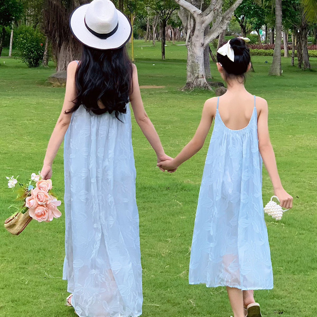 Mommy and Me Blue Embroidered Flower Low Back Slip Dress - ChildAngle