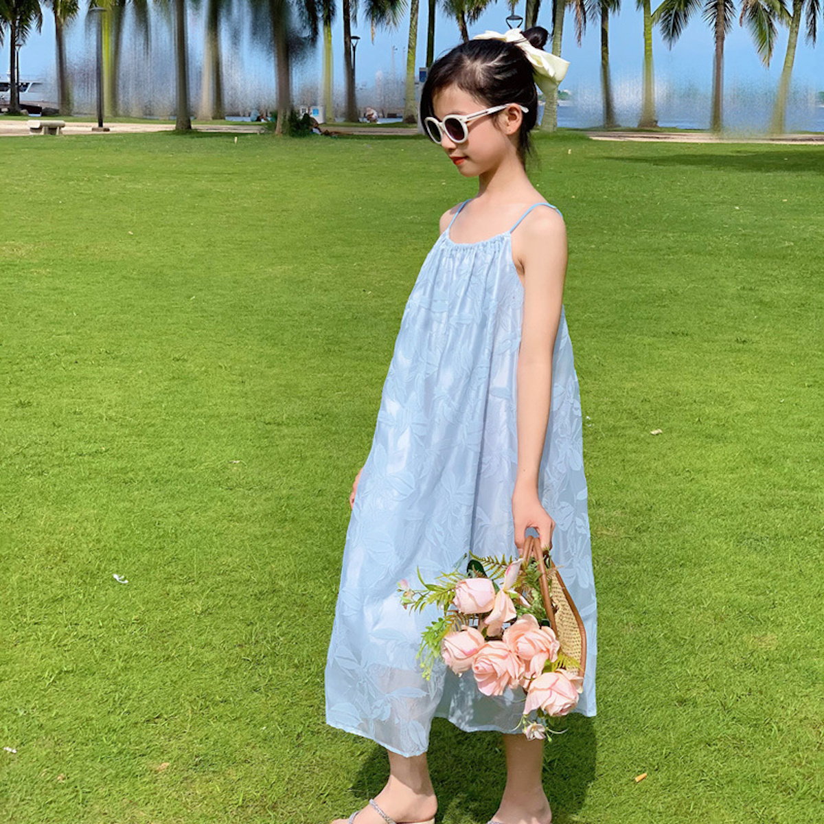 Mommy and Me Blue Embroidered Flower Low Back Slip Dress - ChildAngle