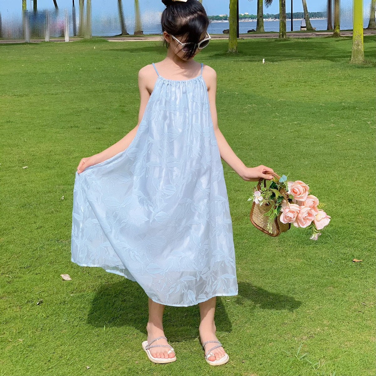 Mommy and Me Blue Embroidered Flower Low Back Slip Dress - ChildAngle