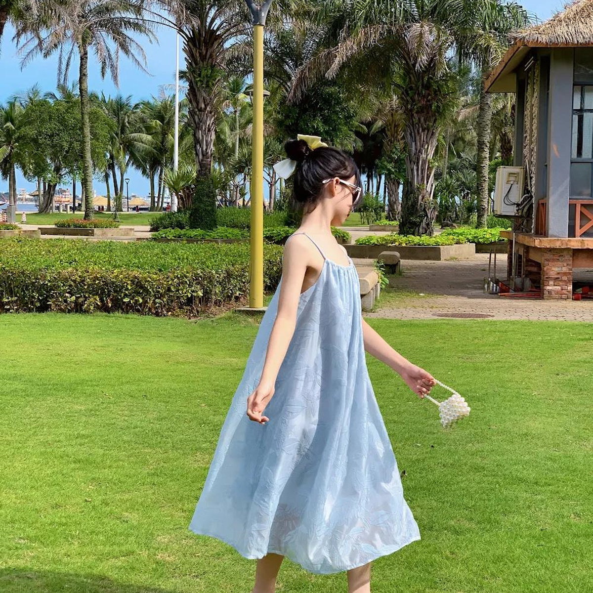 Mommy and Me Blue Embroidered Flower Low Back Slip Dress - ChildAngle