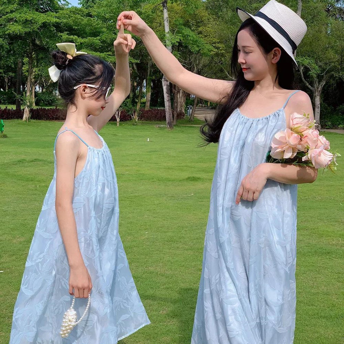 Mommy and Me Blue Embroidered Flower Low Back Slip Dress - ChildAngle