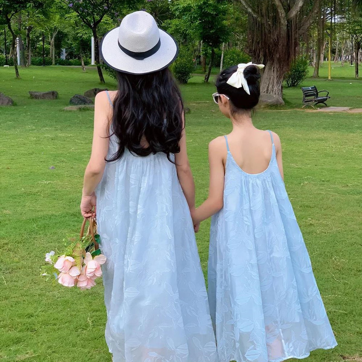 Mommy and Me Blue Embroidered Flower Low Back Slip Dress - ChildAngle