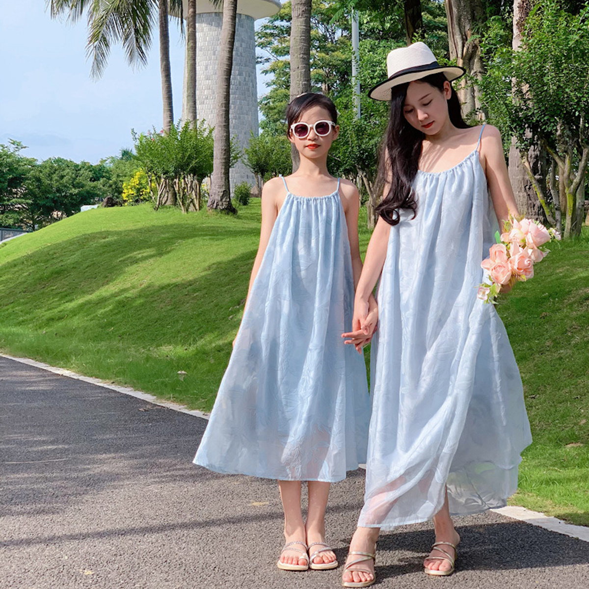 Mommy and Me Blue Embroidered Flower Low Back Slip Dress - ChildAngle