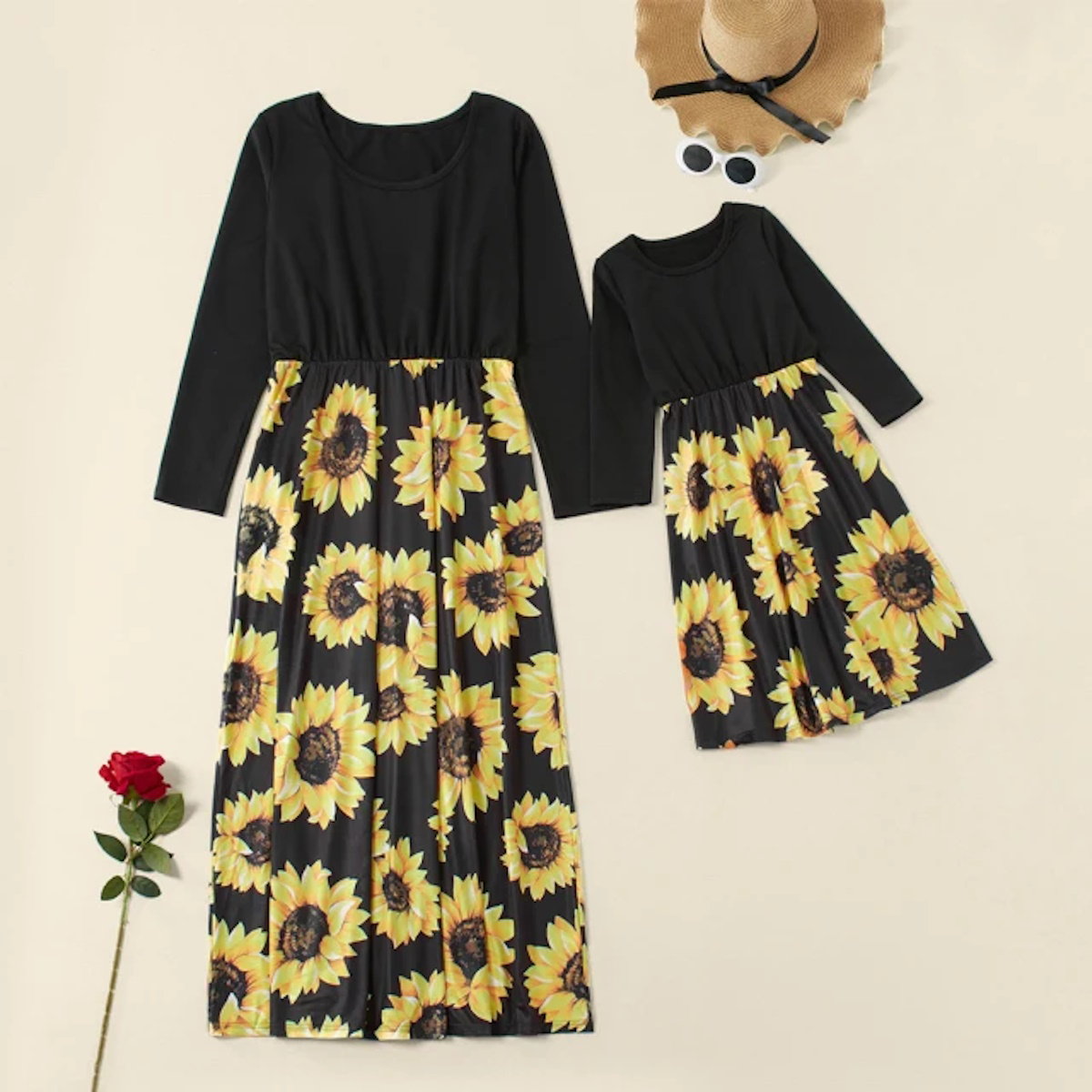 Family Matching Dress Sunflower Black Floral Maxi Dress for Mommy and Me - ChildAngle