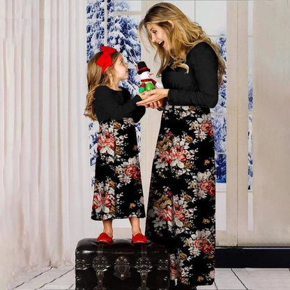 Family Matching Dress Sunflower Black Floral Maxi Dress for Mommy and Me - ChildAngle