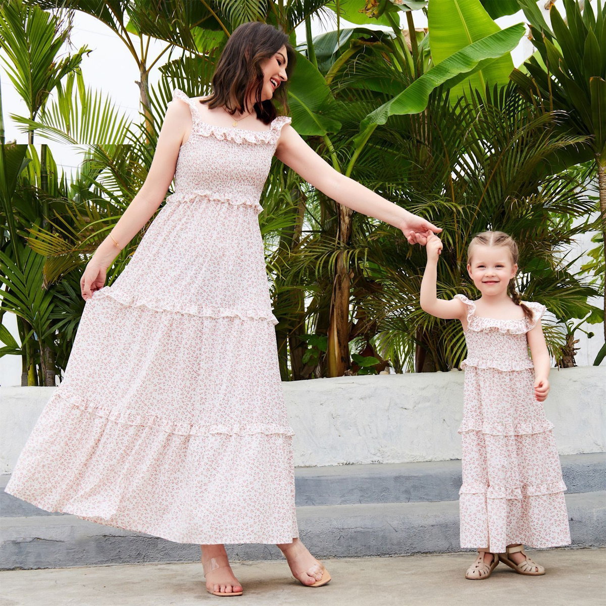 Mommy and Me Matching Dress Pink Floral Dress Flutter Sleeve Ruffle Dresses for Mom and Daughter - ChildAngle