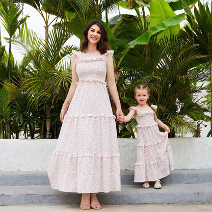 Mommy and Me Matching Dress Pink Floral Dress Flutter Sleeve Ruffle Dresses for Mom and Daughter - ChildAngle