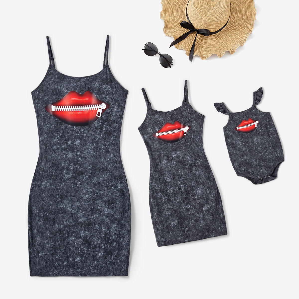 Mommy and Me Dress Grey Lips and Zipper Print Strap Dress Bodycon Dress for Mother and daughter Newborn Ruffle Jumpsuit - ChildAngle